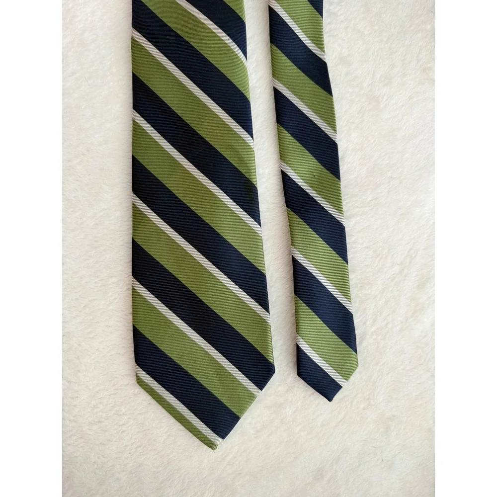 Tom James Executive Collection Silk Tie Navy Blue Olive Green Striped Mens